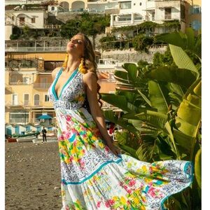 Antica Sartoria 2026 Floral White Multicolor V-Neck halter Maxi Dress NWT O/S